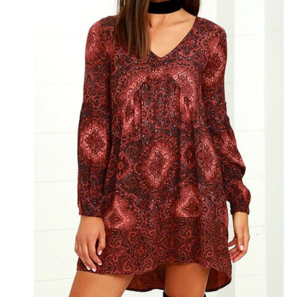Billabong Clearest Melody Rust Red Print Babydoll Dress L - Picture 1 of 9